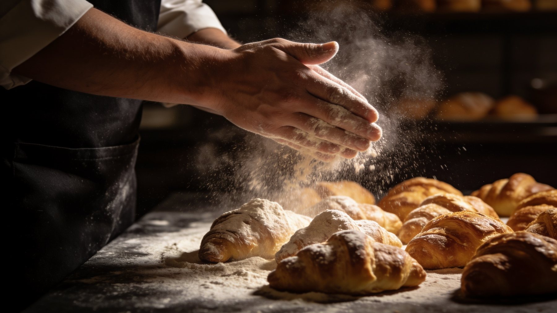 Baker dusting flour over fresh pastries